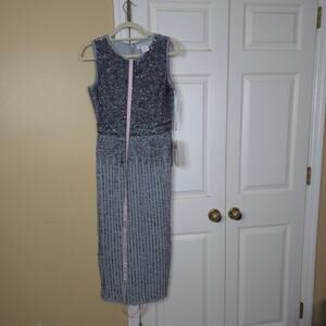 Mac Duggal 10509 Beaded High Neck Sheath Midi Dress in Platinum Size 6